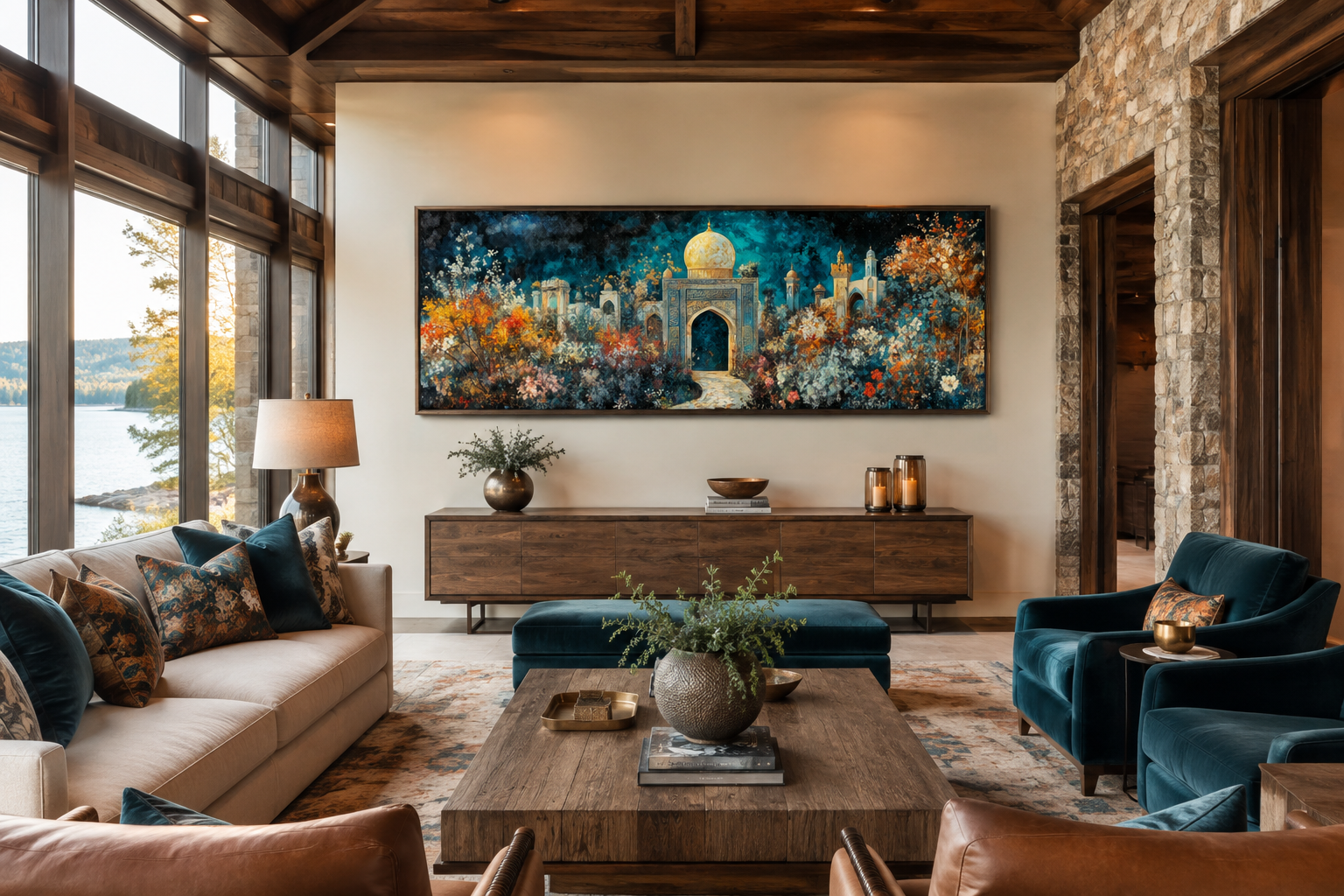 Persian Teal Gold Canvas – Panoramic Floral Palace Print | Middle Eastern Wall Art