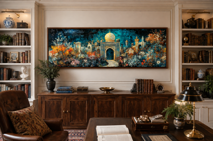 Persian Teal Gold Canvas – Panoramic Floral Palace Print | Middle Eastern Wall Art