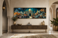 Persian Teal Gold Canvas – Panoramic Floral Palace Print | Middle Eastern Wall Art