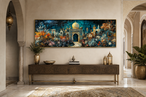 Persian Teal Gold Canvas – Panoramic Floral Palace Print | Middle Eastern Wall Art