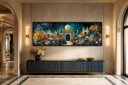 Persian Teal Gold Canvas – Panoramic Floral Palace Print | Middle Eastern Wall Art