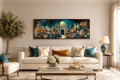 Persian Teal Gold Canvas – Panoramic Floral Palace Print | Middle Eastern Wall Art