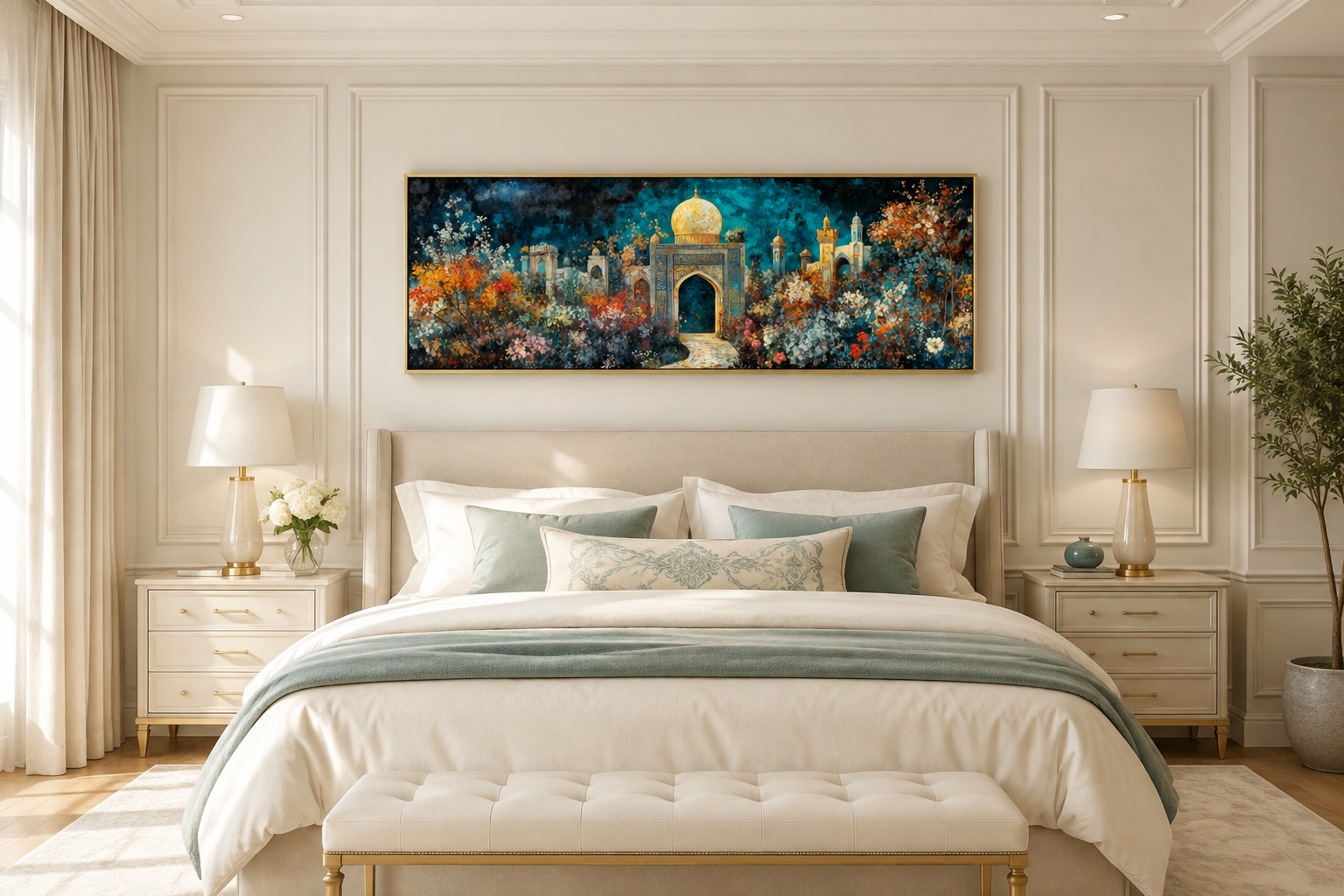 Persian Teal Gold Canvas – Panoramic Floral Palace Print | Middle Eastern Wall Art