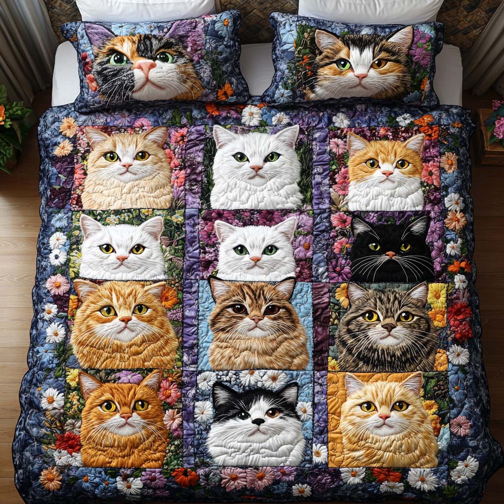 Midnight Cat Stroll 3-Piece Quilted Bedding Set - Single (59" x 70")