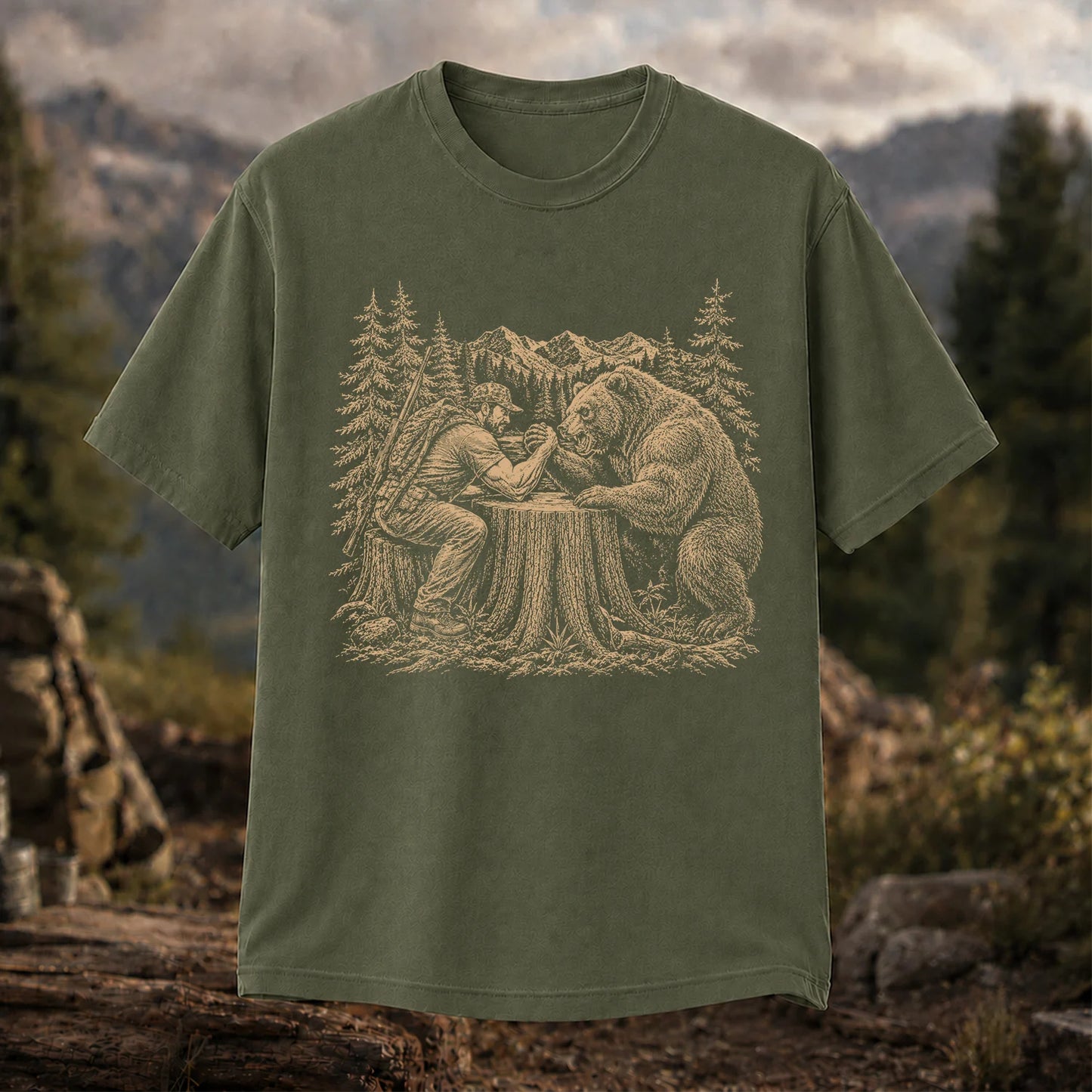 Hunter Arm Wrestling a Bear T-Shirt, Funny Wilderness Tee