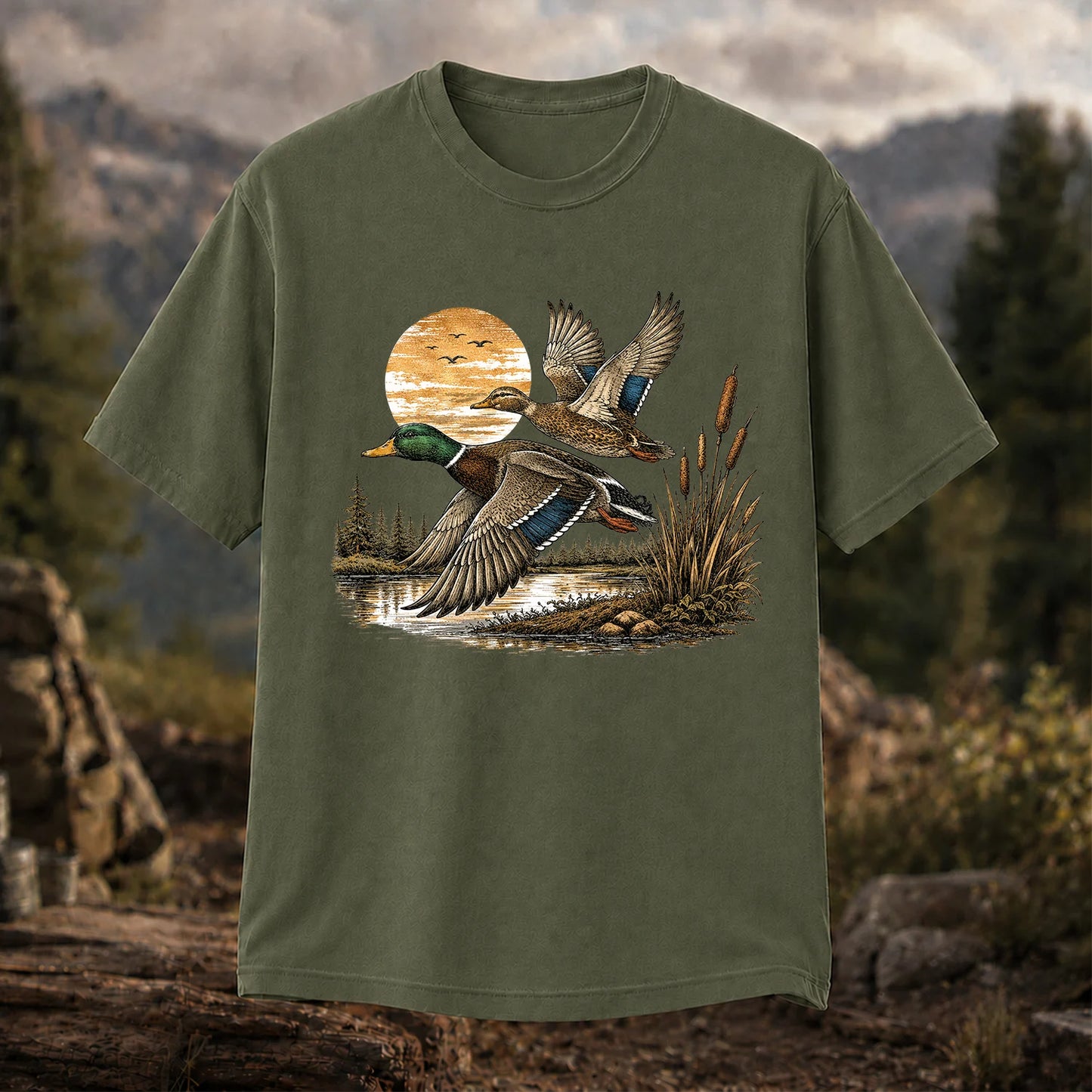 Mallard Ducks Flying at Sunset T-Shirt, Retro Waterfowl Hunting Tee