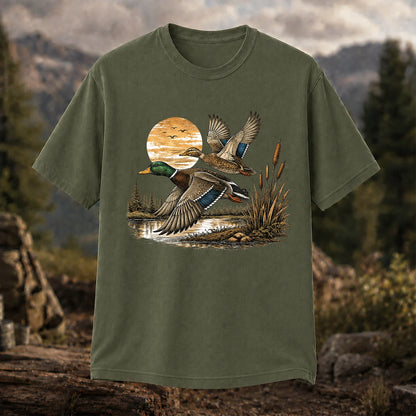 Mallard Ducks Flying at Sunset T-Shirt, Retro Waterfowl Hunting Tee