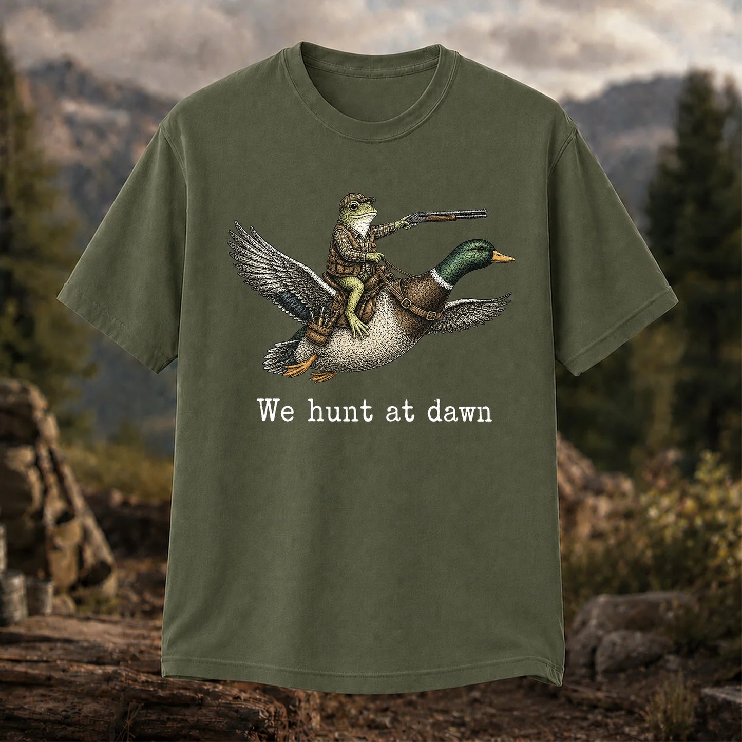 We Hunt at Dawn T-Shirt, Funny Frog Duck Hunting Tee