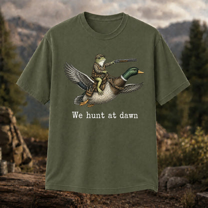We Hunt at Dawn T-Shirt, Funny Frog Duck Hunting Tee