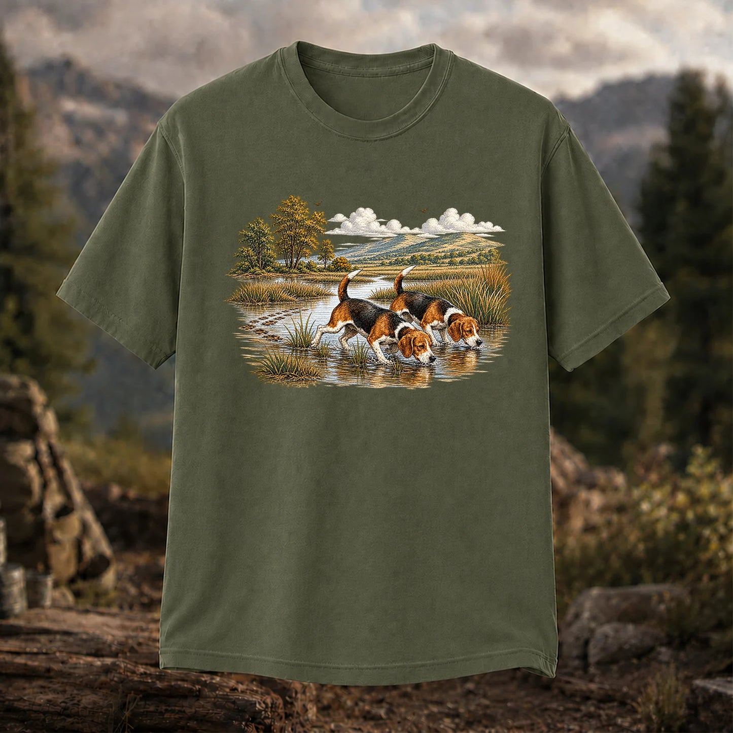 Beagles Tracking Through a Marsh T-Shirt, Vintage Hunting Dog Tee