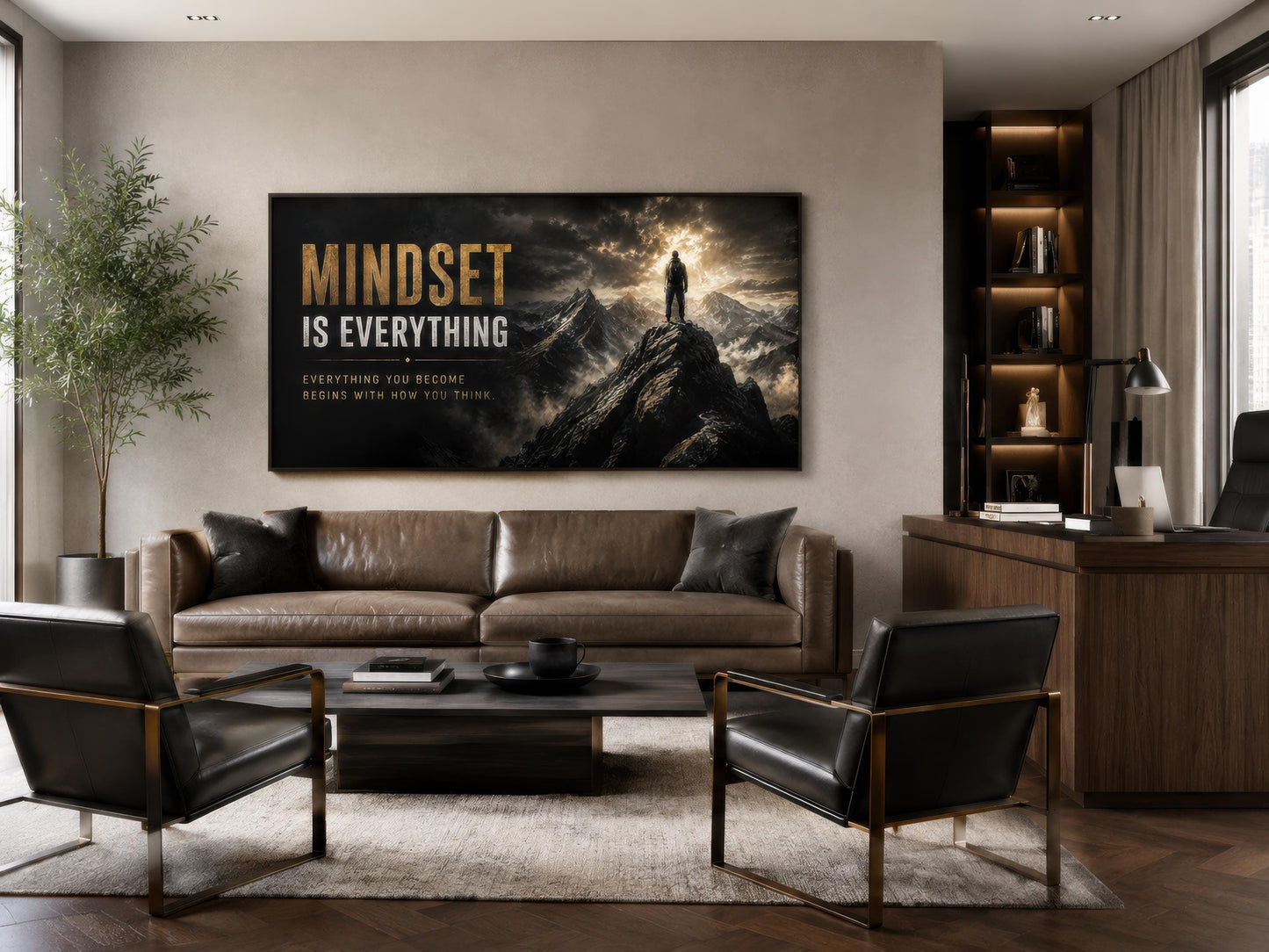 Mindset Is Everything Motivational Wall Art – Black Gold Canvas for Mens Office Decor
