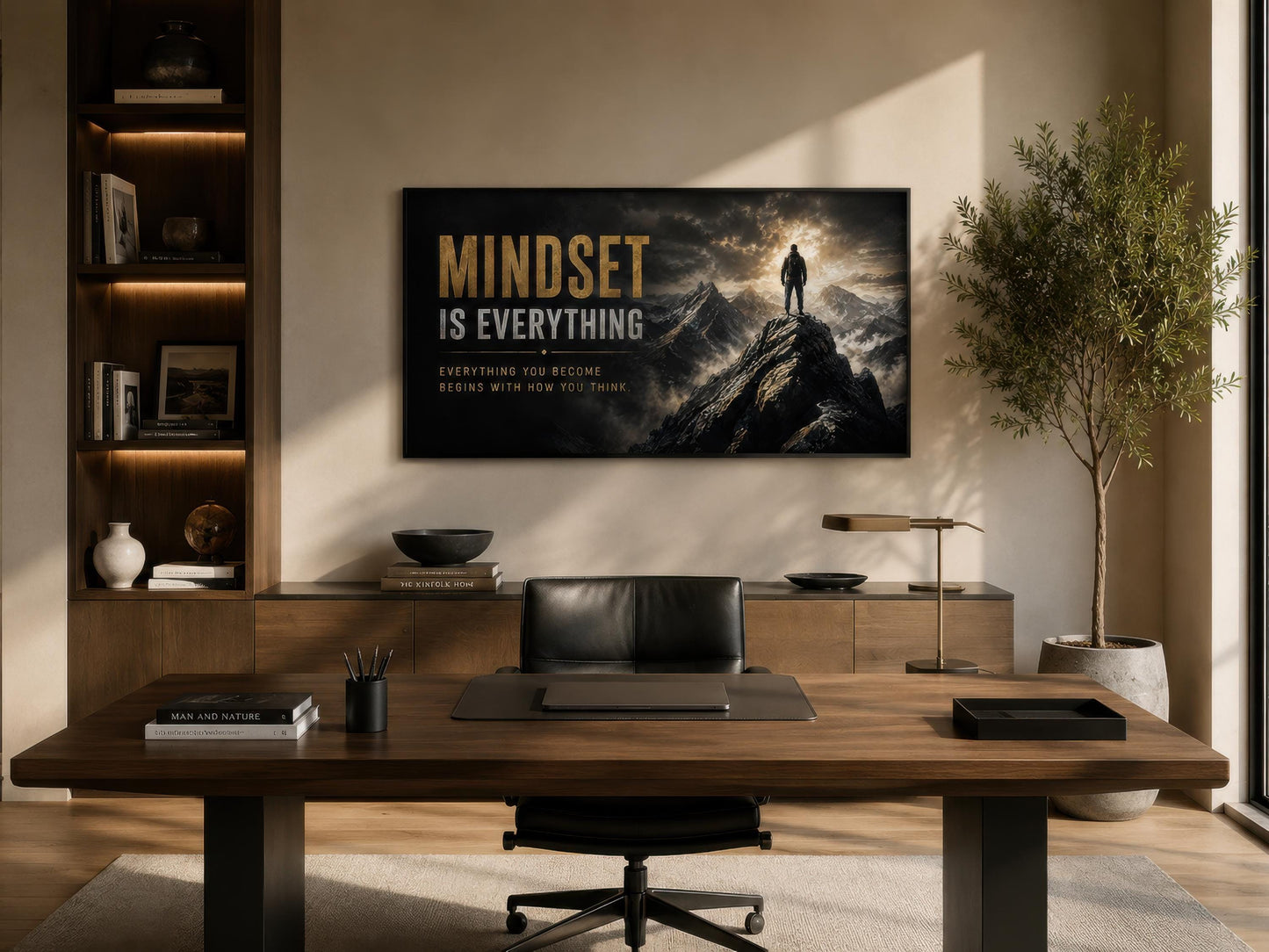 Mindset Is Everything Motivational Wall Art – Black Gold Canvas for Mens Office Decor