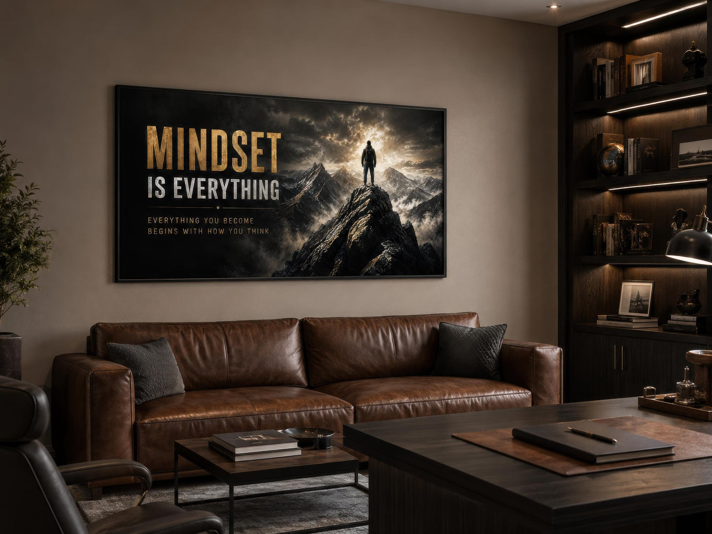 Mindset Is Everything Motivational Wall Art – Black Gold Canvas for Mens Office Decor