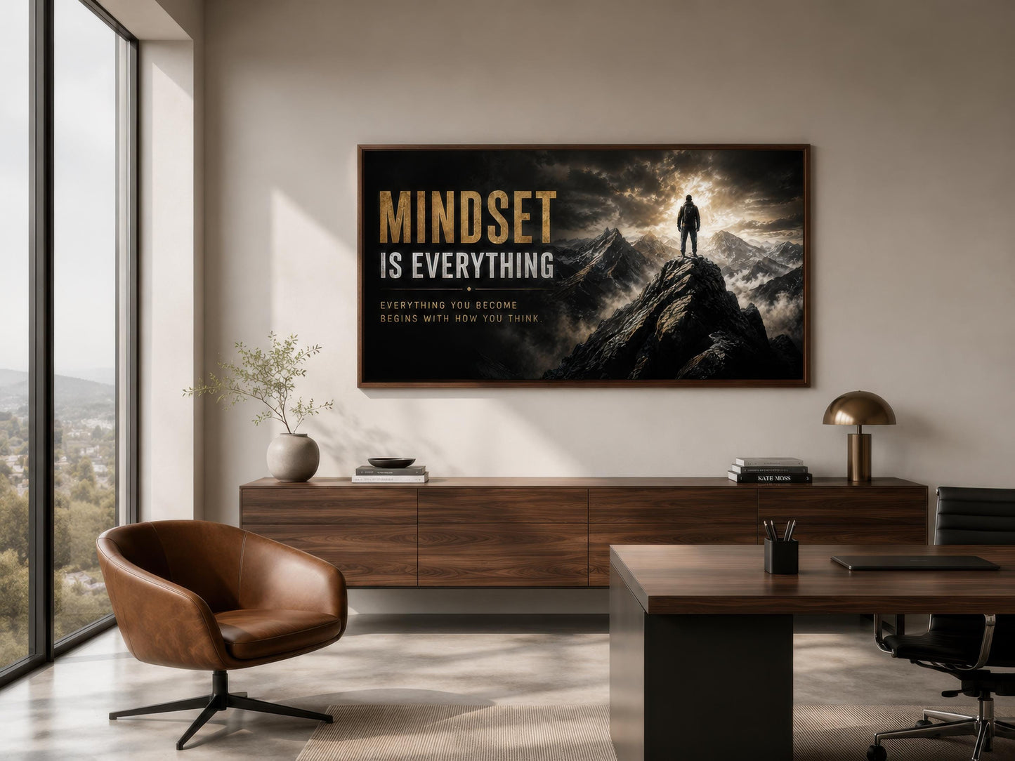 Mindset Is Everything Motivational Wall Art – Black Gold Canvas for Mens Office Decor