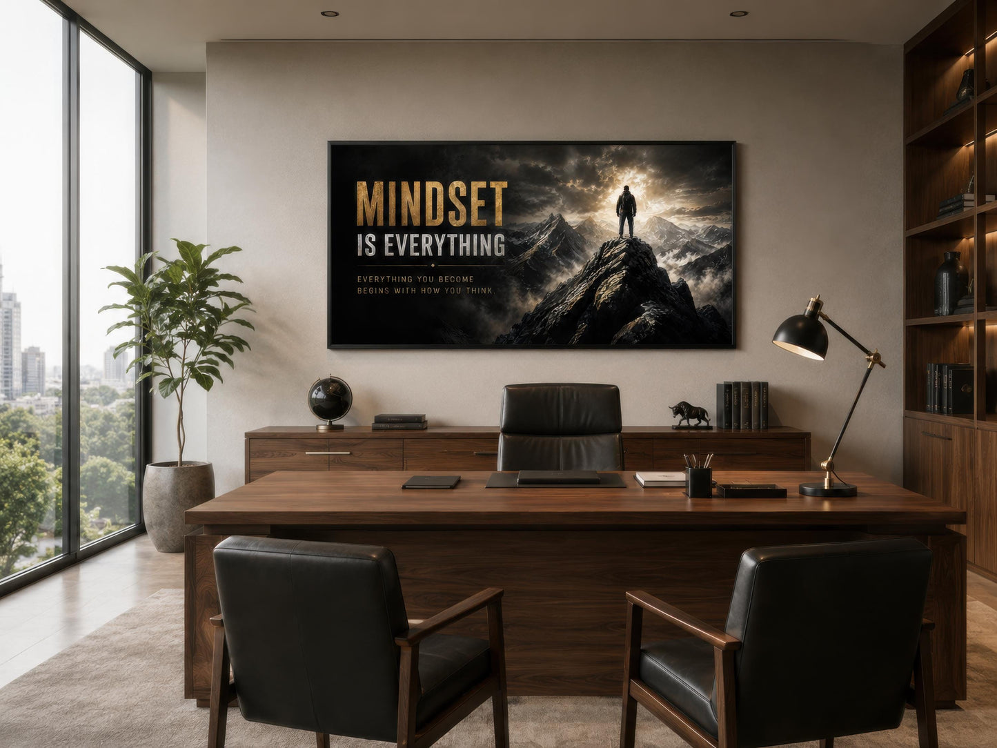 Mindset Is Everything Motivational Wall Art – Black Gold Canvas for Mens Office Decor