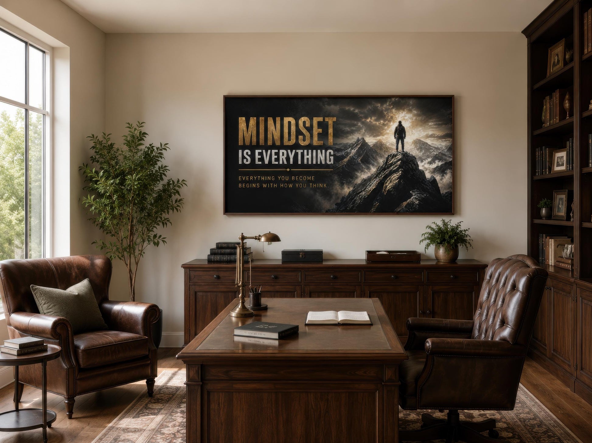 Mindset Is Everything Motivational Wall Art – Black Gold Canvas for Mens Office Decor