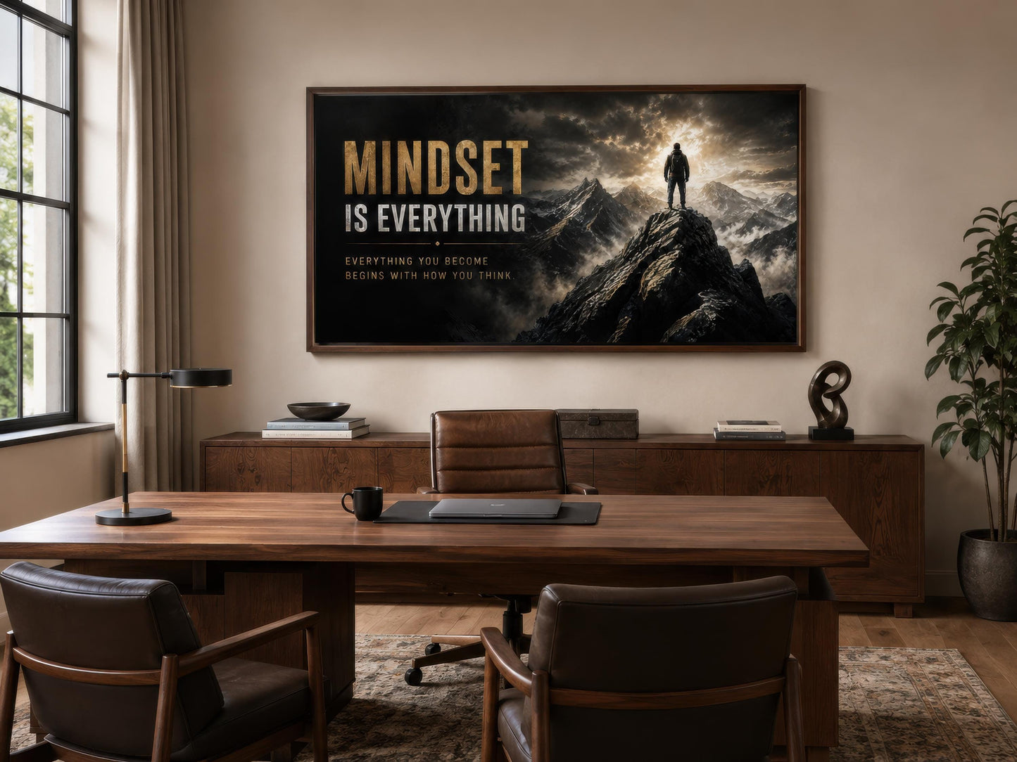 Mindset Is Everything Motivational Wall Art – Black Gold Canvas for Mens Office Decor