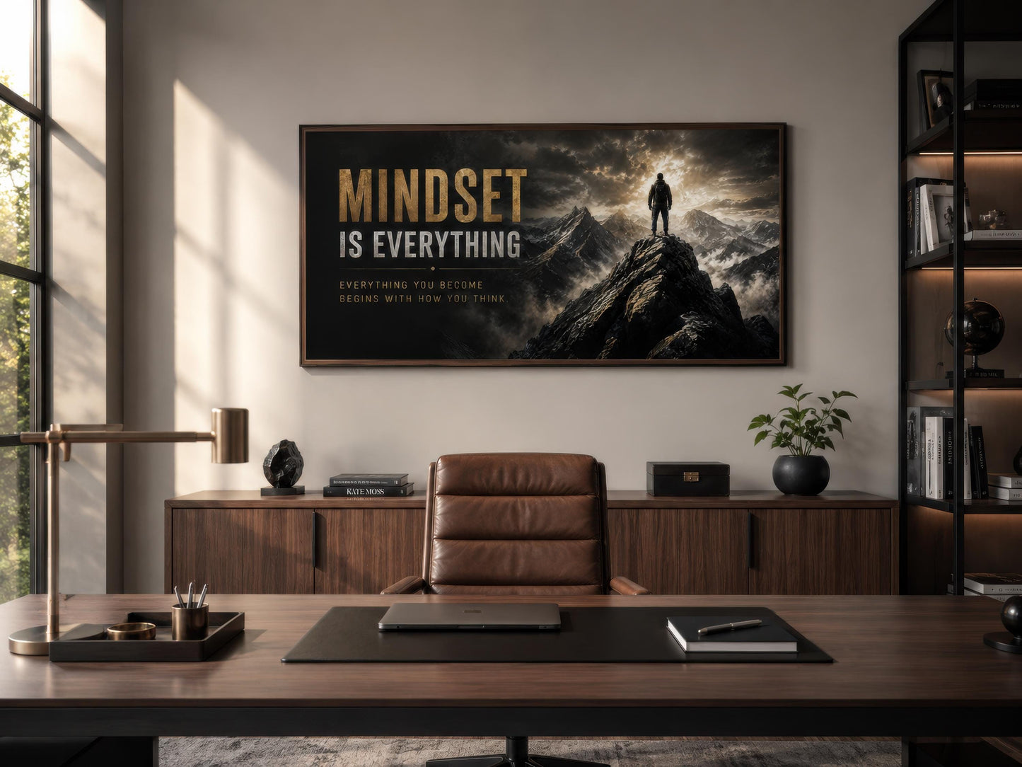 Mindset Is Everything Motivational Wall Art – Black Gold Canvas for Mens Office Decor