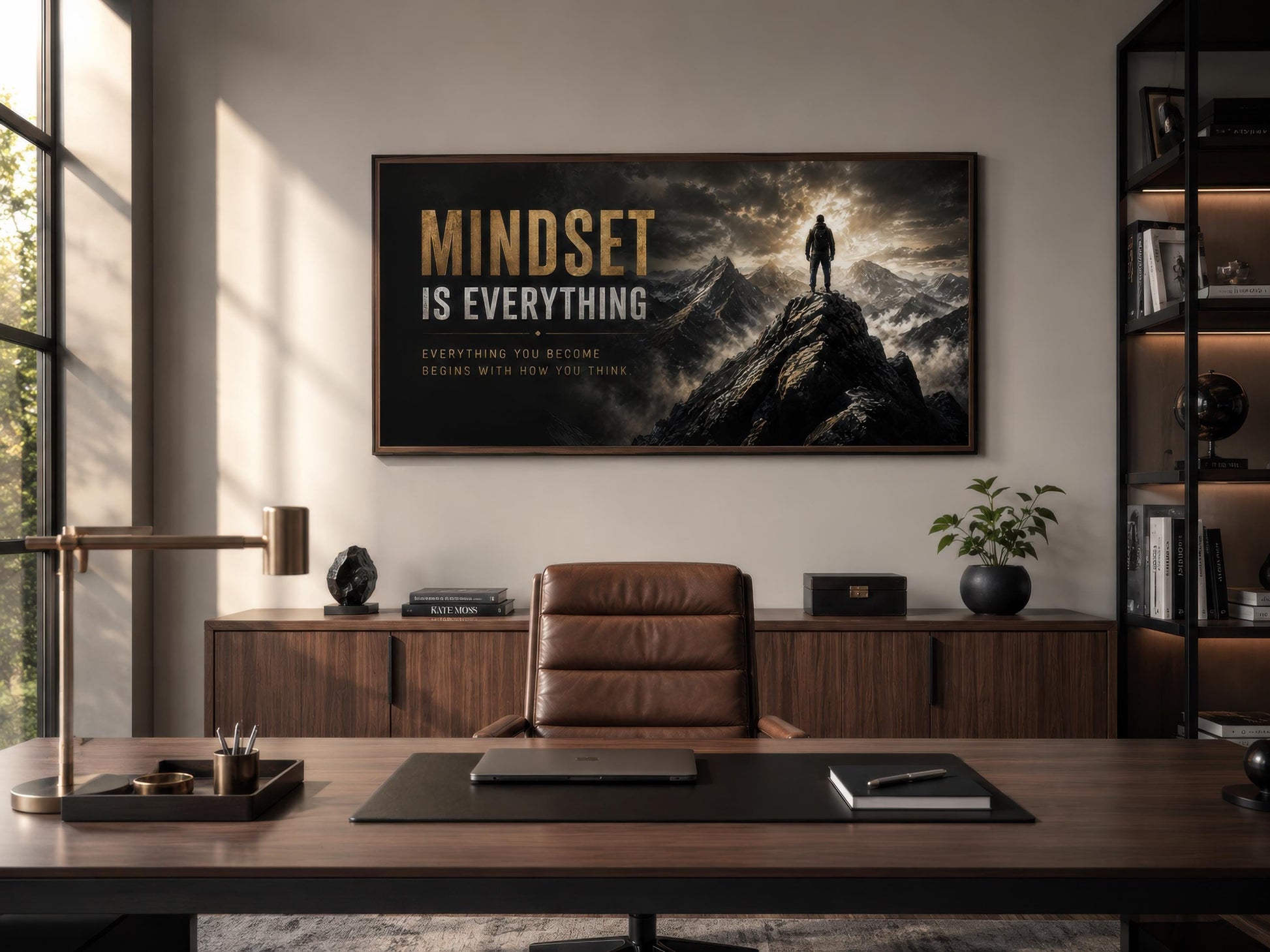 Mindset Is Everything Motivational Wall Art – Black Gold Canvas for Mens Office Decor