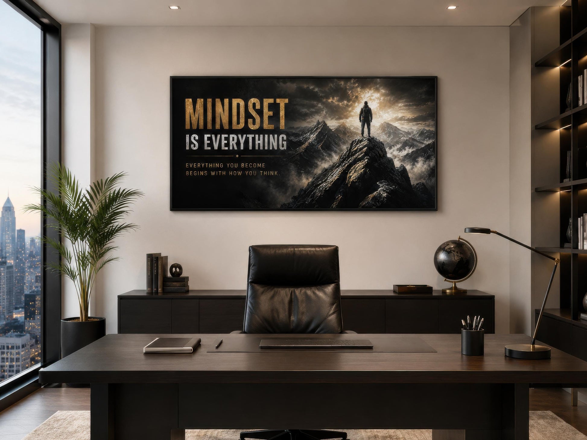 Mindset Is Everything Motivational Wall Art – Black Gold Canvas for Mens Office Decor
