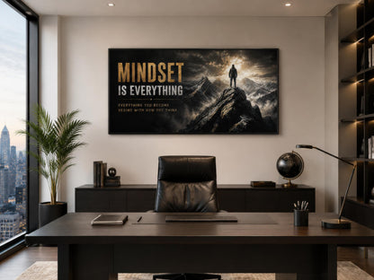 Mindset Is Everything Motivational Wall Art – Black Gold Canvas for Mens Office Decor