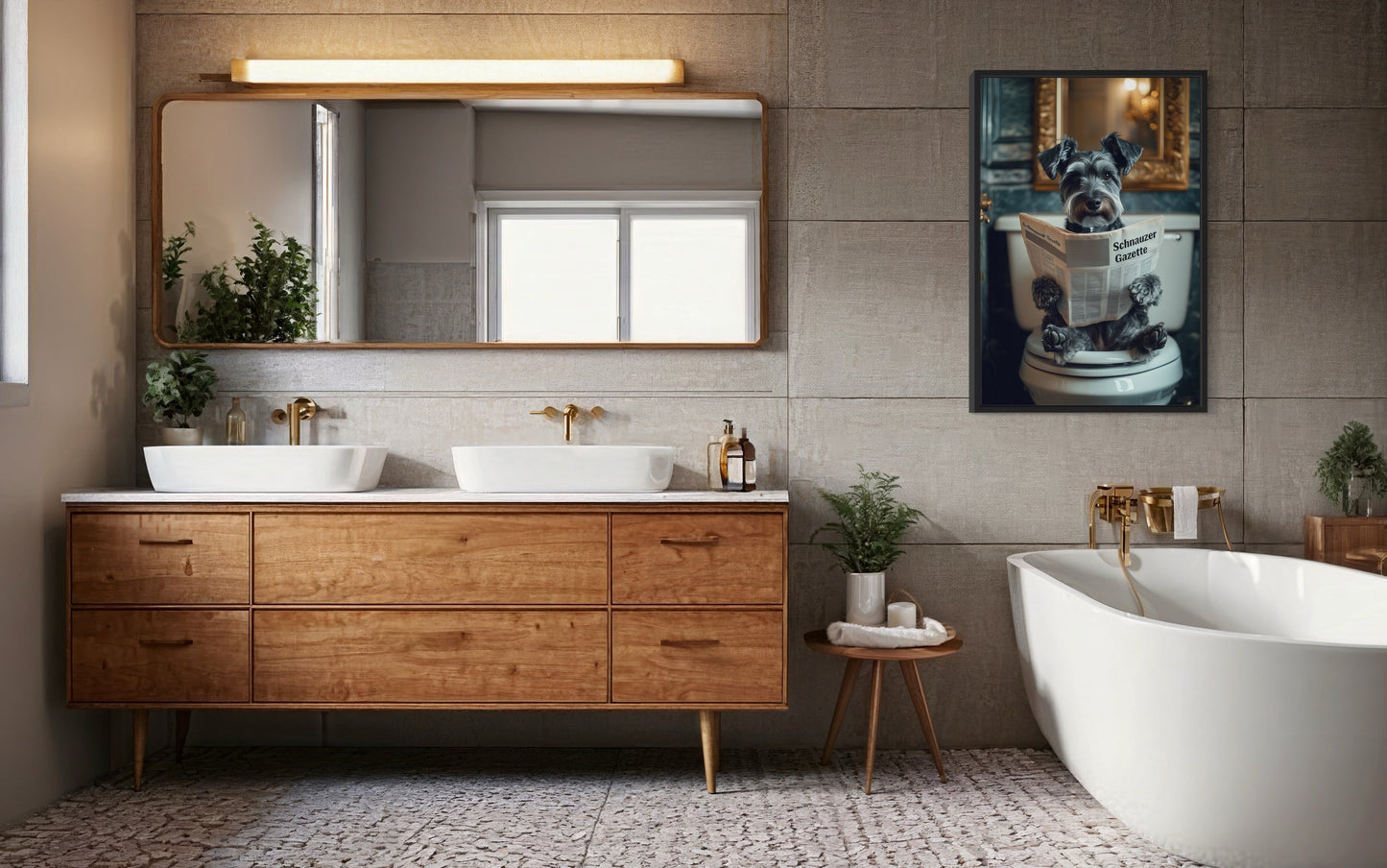 Miniature Schnauzer On The Toilet Reading Newspaper Picture Canvas Wall Art