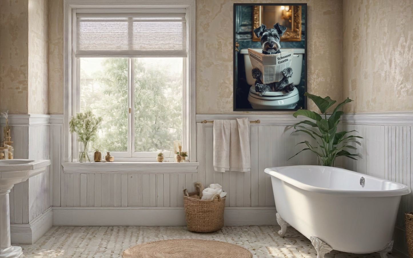 Miniature Schnauzer On The Toilet Reading Newspaper Picture Canvas Wall Art