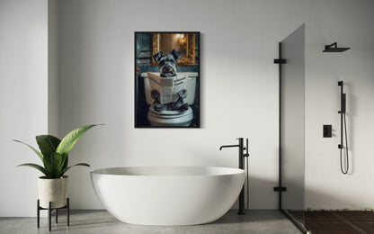 Miniature Schnauzer On The Toilet Reading Newspaper Picture Canvas Wall Art