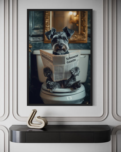 Miniature Schnauzer On The Toilet Reading Newspaper Picture Canvas Wall Art