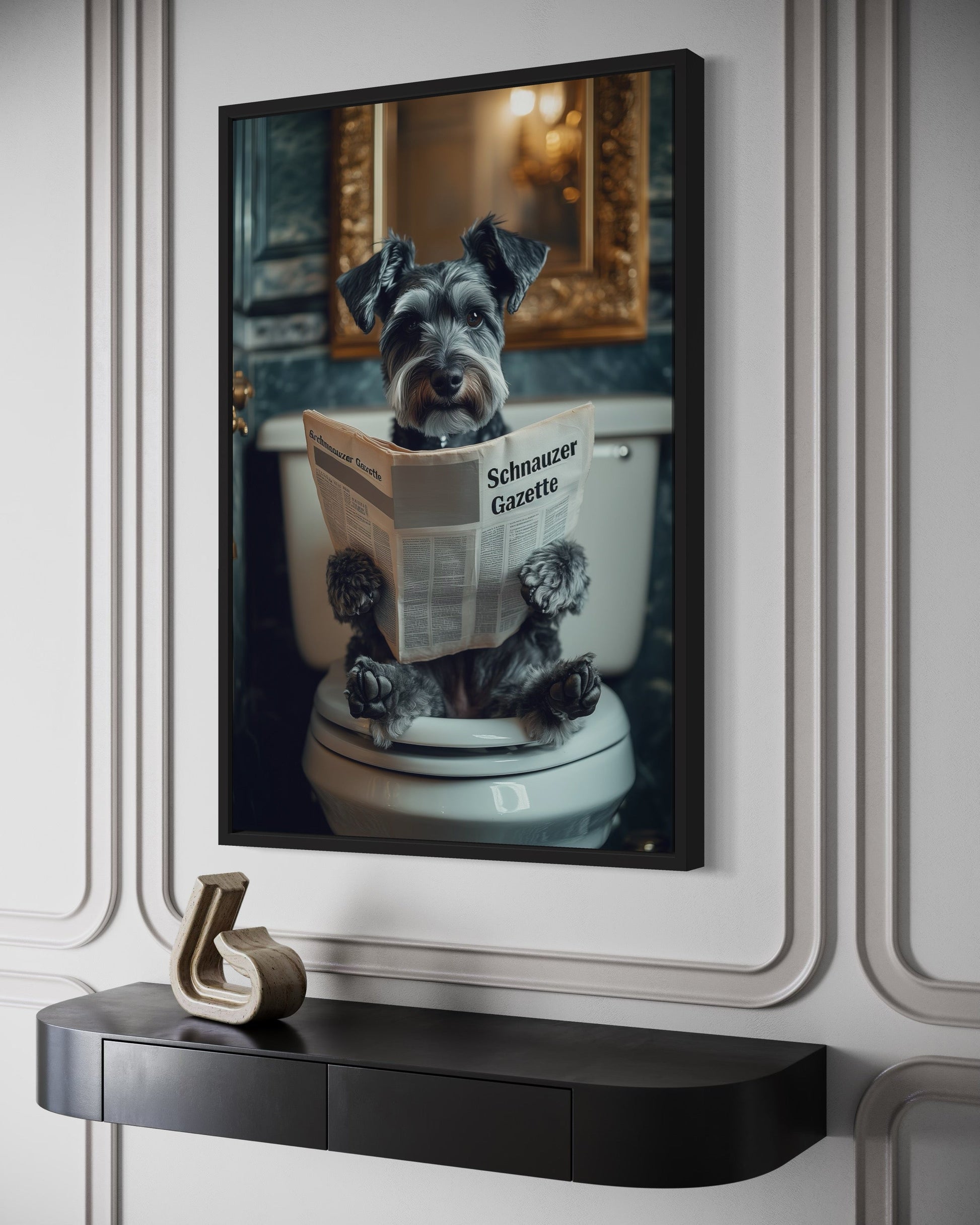Miniature Schnauzer On The Toilet Reading Newspaper Picture Canvas Wall Art