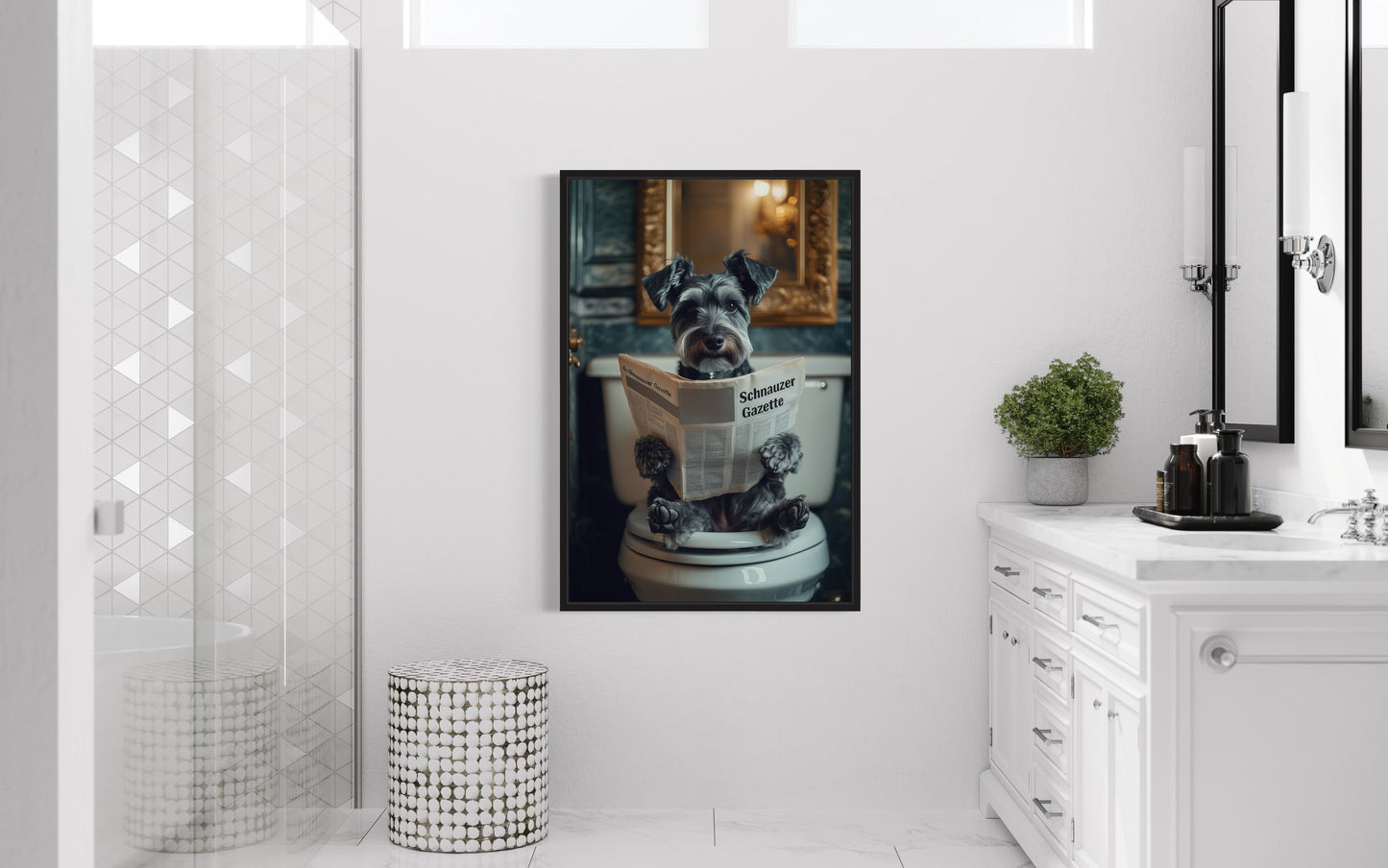 Miniature Schnauzer On The Toilet Reading Newspaper Picture Canvas Wall Art