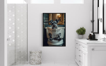 Miniature Schnauzer On The Toilet Reading Newspaper Picture Canvas Wall Art