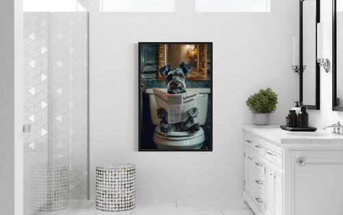 Miniature Schnauzer On The Toilet Reading Newspaper Picture Canvas Wall Art