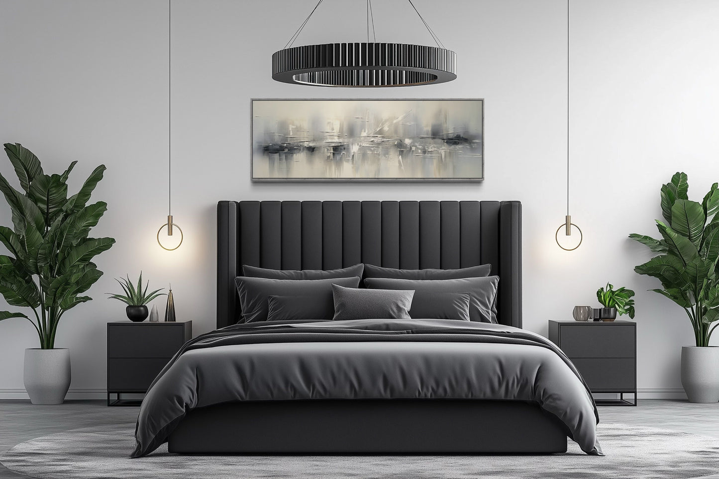 Minimalist Abstract Silver Gray Long Horizontal Living Room Framed Canvas Wall Art