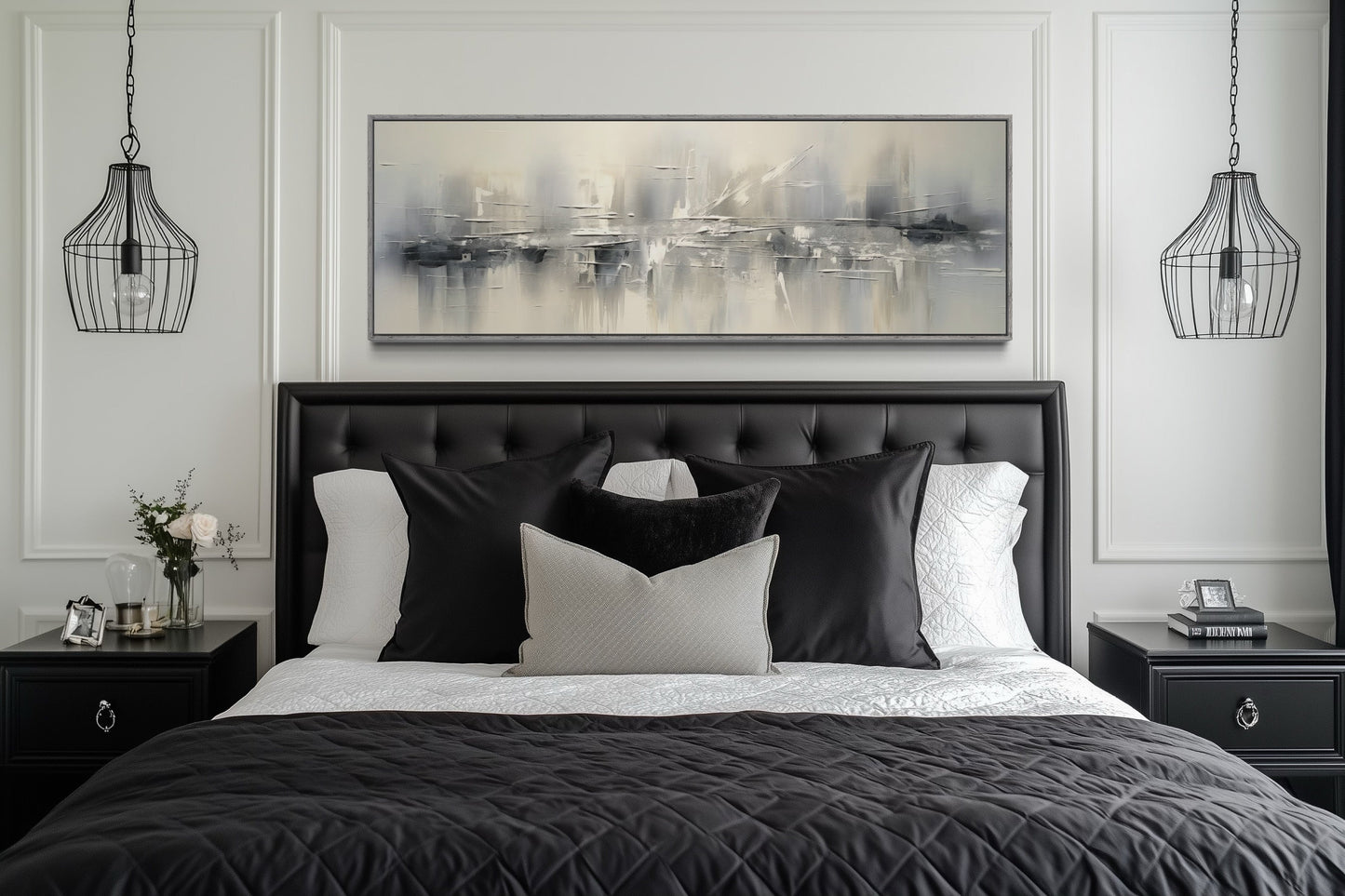 Minimalist Abstract Silver Gray Long Horizontal Living Room Framed Canvas Wall Art