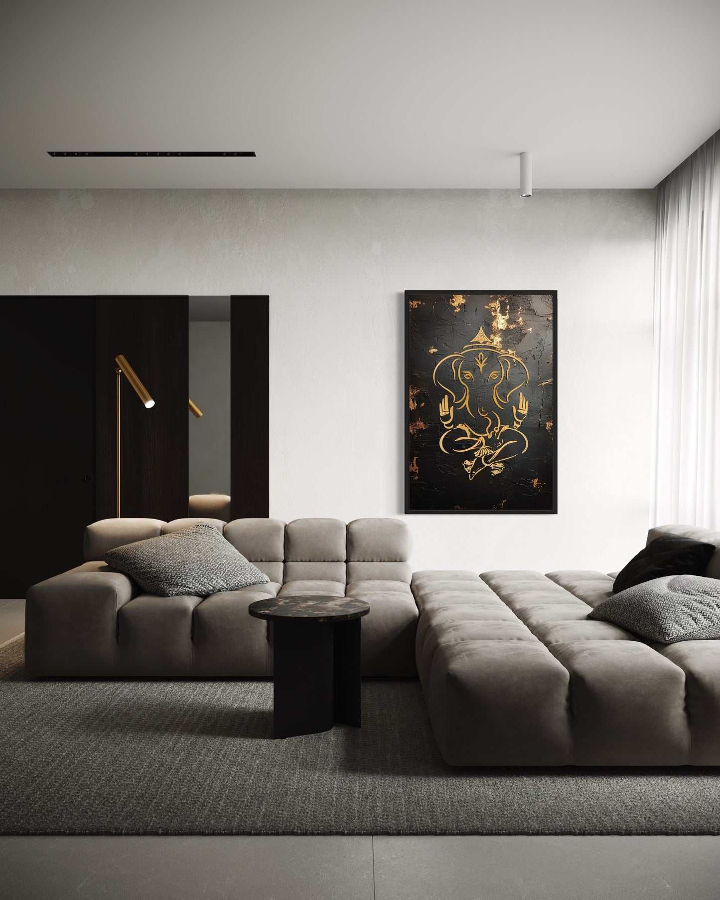 Minimalist Black Gold Lord Ganesha Framed Canvas Wall Art