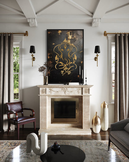 Minimalist Black Gold Lord Ganesha Framed Canvas Wall Art