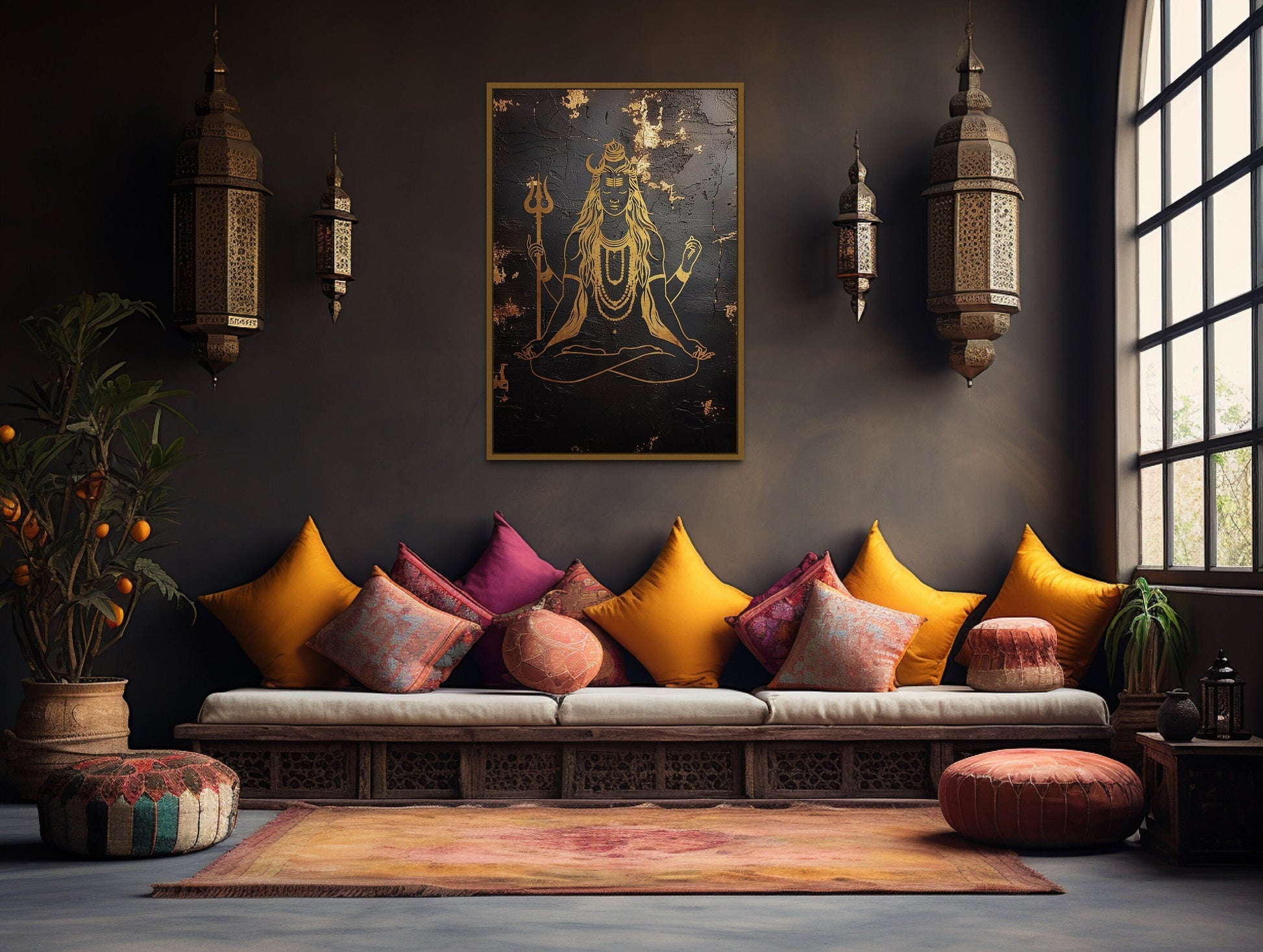 Minimalist Black Gold Lord Shiva Indian Framed Canvas Wall Art