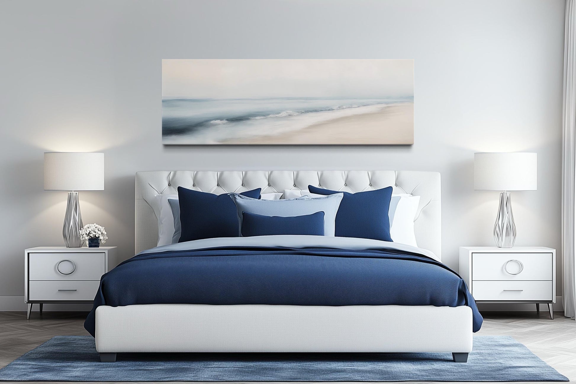 Minimalist Coastal Gray Blue Watercolor Panoramic Ocean Beach Canvas Wall Art