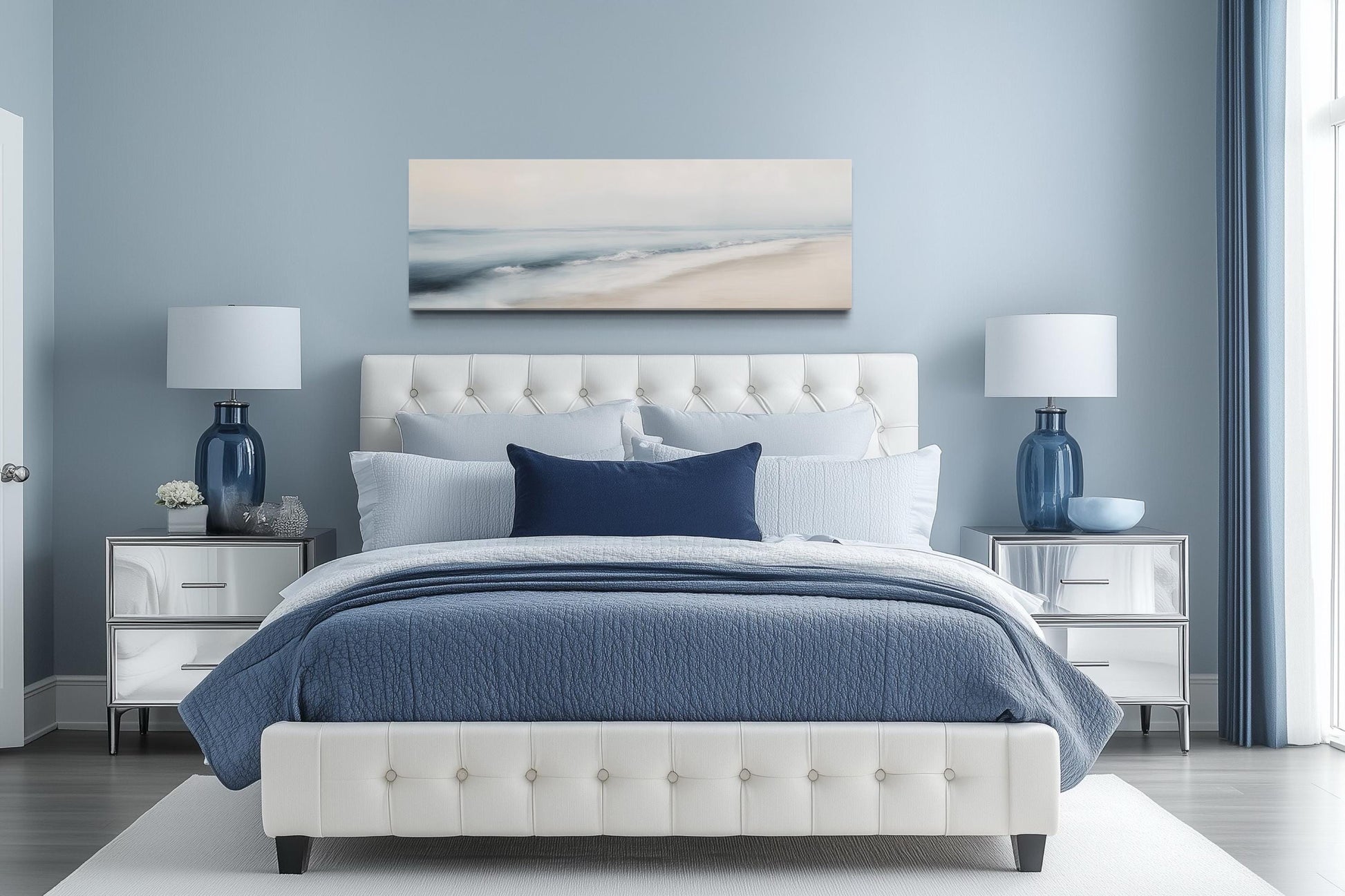 Minimalist Coastal Gray Blue Watercolor Panoramic Ocean Beach Canvas Wall Art