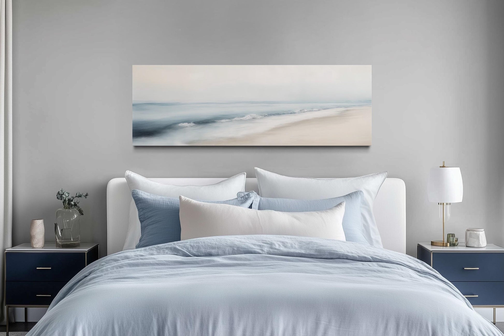 Minimalist Coastal Gray Blue Watercolor Panoramic Ocean Beach Canvas Wall Art