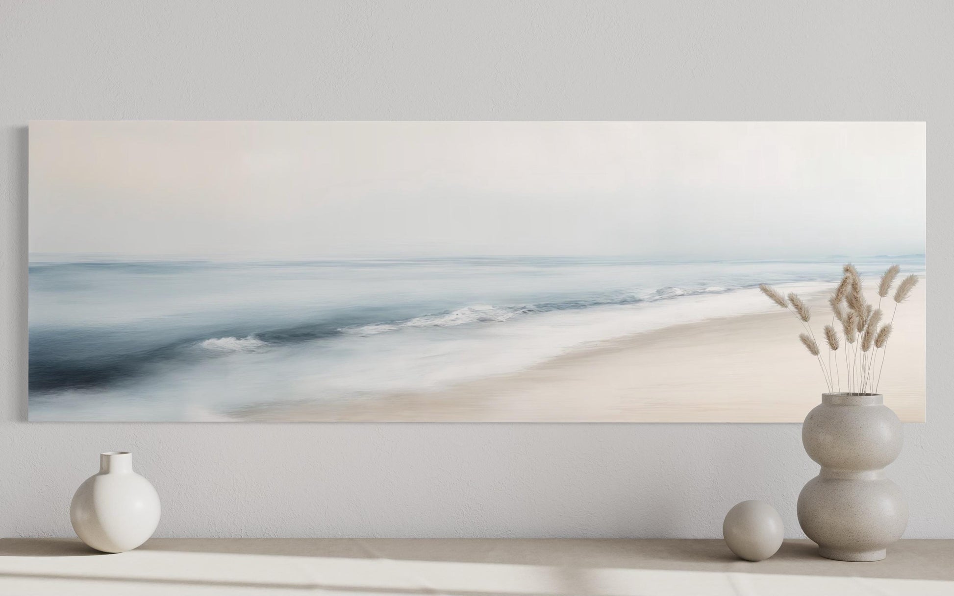 Minimalist Coastal Gray Blue Watercolor Panoramic Ocean Beach Canvas Wall Art