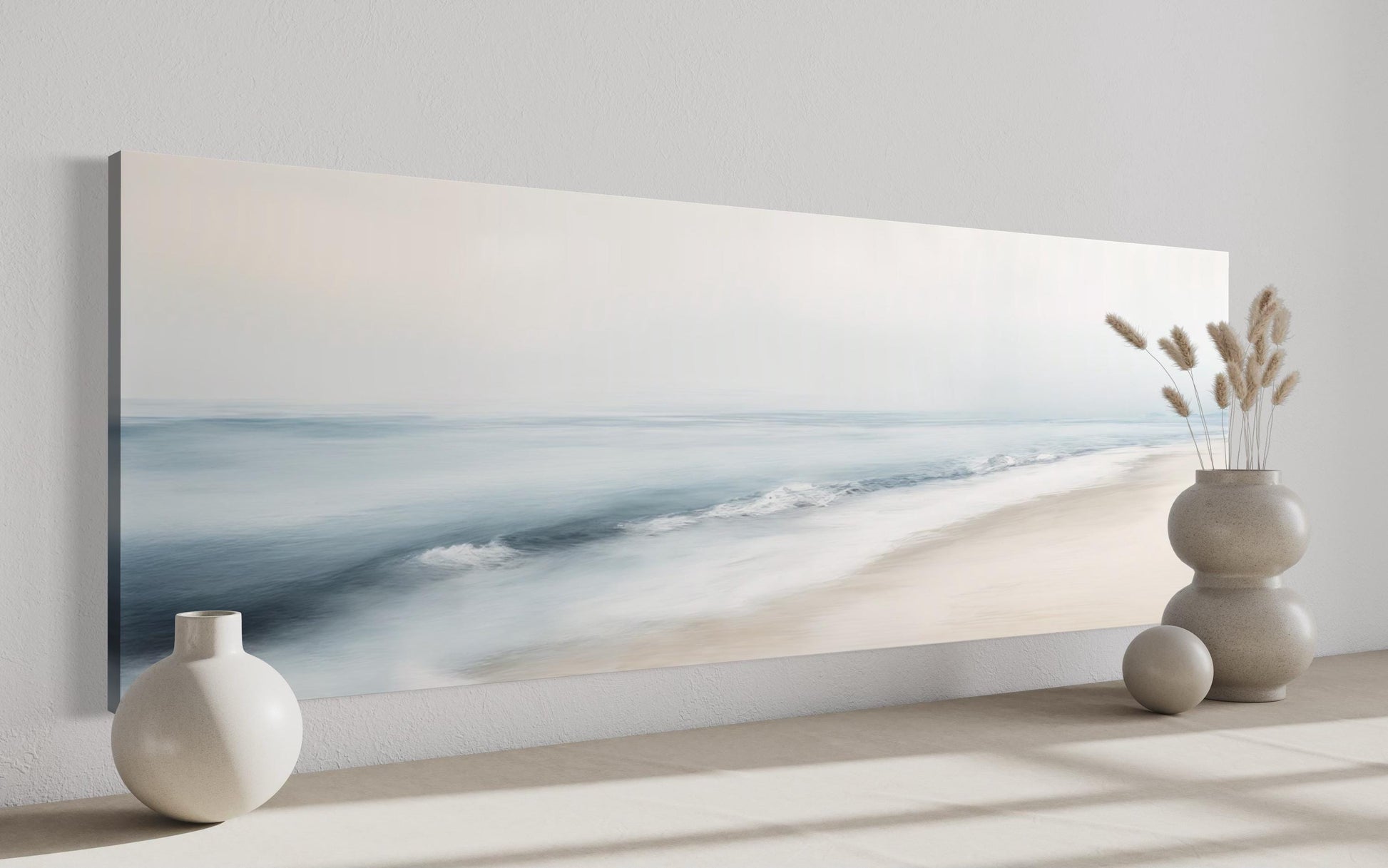 Minimalist Coastal Gray Blue Watercolor Panoramic Ocean Beach Canvas Wall Art