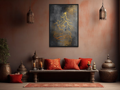 Minimalist Lord Krishna With Flute Gold Silver Indian Framed Canvas Wall Art