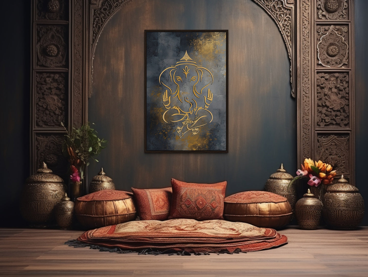 Minimalist Modern Silver Gold Lord Ganesha Indian Framed Canvas Wall Art