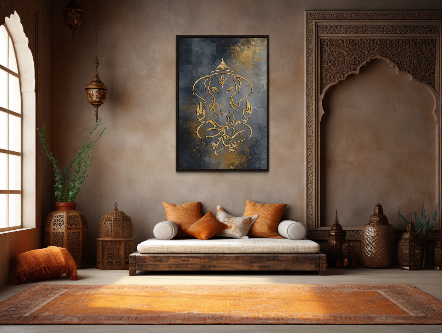 Minimalist Modern Silver Gold Lord Ganesha Indian Framed Canvas Wall Art