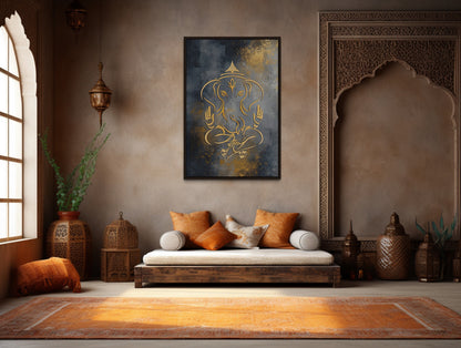 Minimalist Modern Silver Gold Lord Ganesha Indian Framed Canvas Wall Art