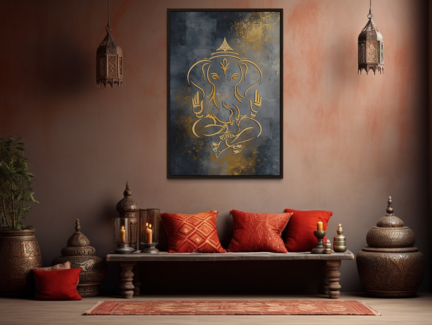 Minimalist Modern Silver Gold Lord Ganesha Indian Framed Canvas Wall Art