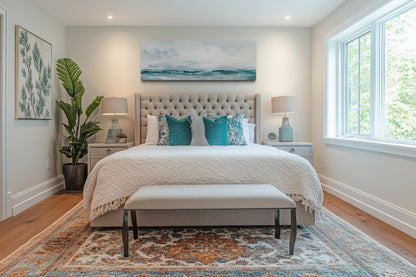 Minimalist Ocean Blue Gray Horizontal Over Bed Framed Canvas Wall Art