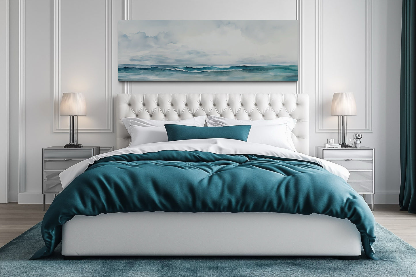 Minimalist Ocean Blue Gray Horizontal Over Bed Framed Canvas Wall Art